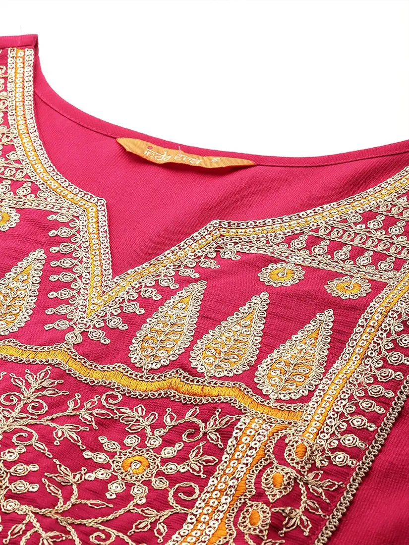 INDO ERA Women's Liva Cotton Blend Embroidered Straight Kurti Pant and Dupatta Set 