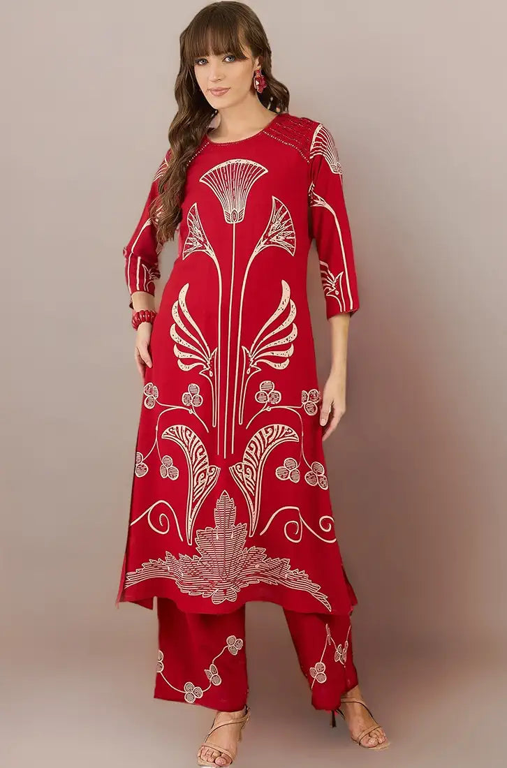 INDO ERA Women's Straight Viscose Rayon Ethnic Motifs Printed Kurta & Palazzo Set 