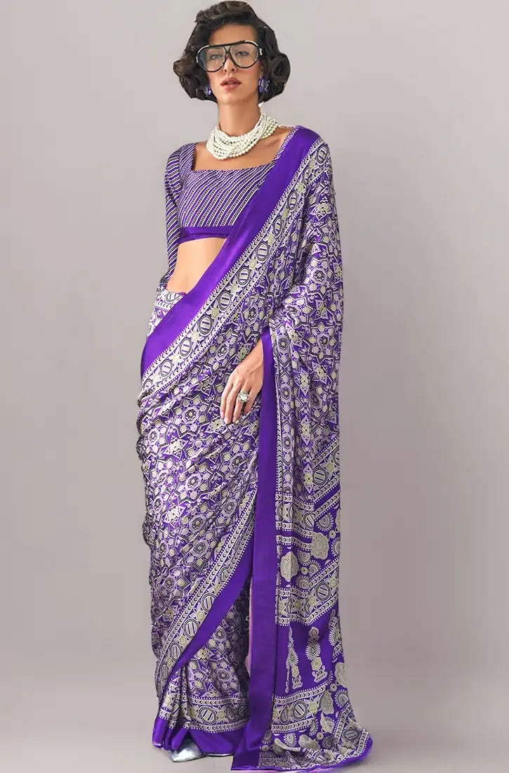 AKHILAM Women's Multicolor Crepe Ajrak Printed Saree With Unstitched Blouse Piece 