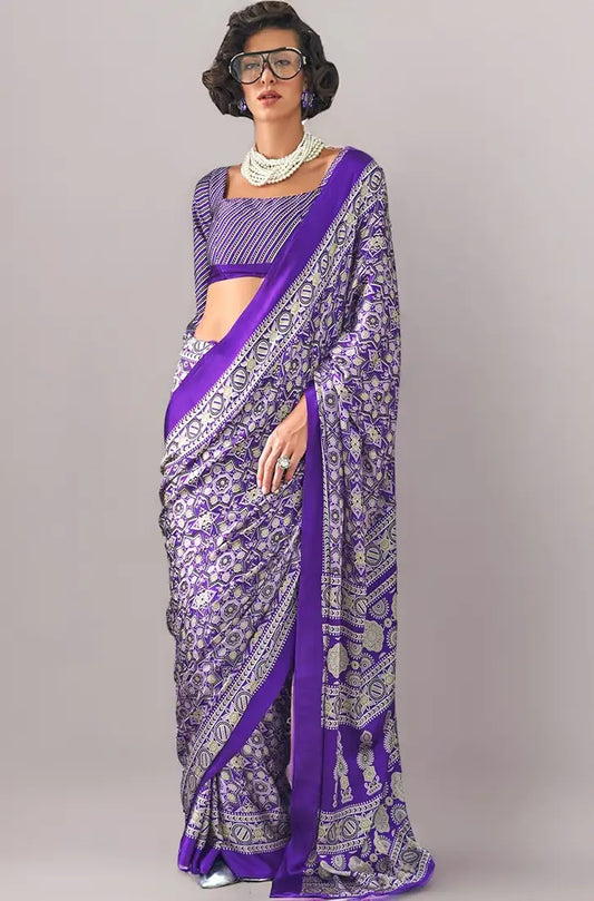 AKHILAM Women's Multicolor Crepe Ajrak Printed Saree With Unstitched Blouse Piece 