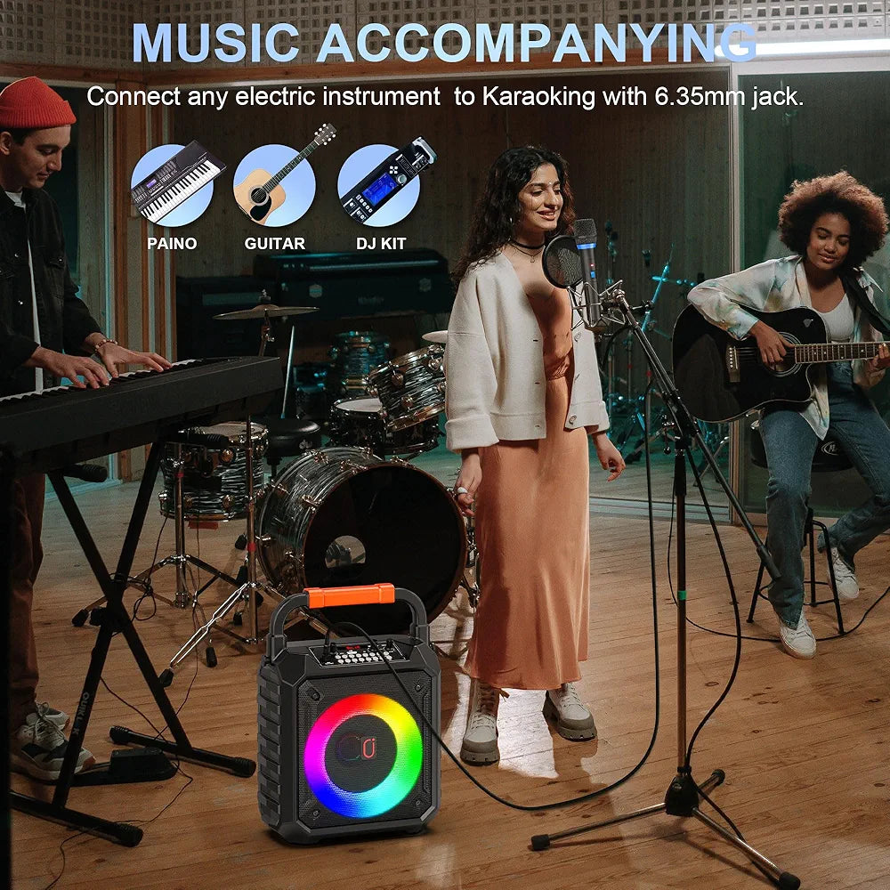 JYX Karaoke Machine with Two Wireless Microphones, Portable Bluetooth Karaoke Speaker with LED Lights for Kids and Adults, PA System Speaker Supports TF Card/USB/AUX-in/REC for Party