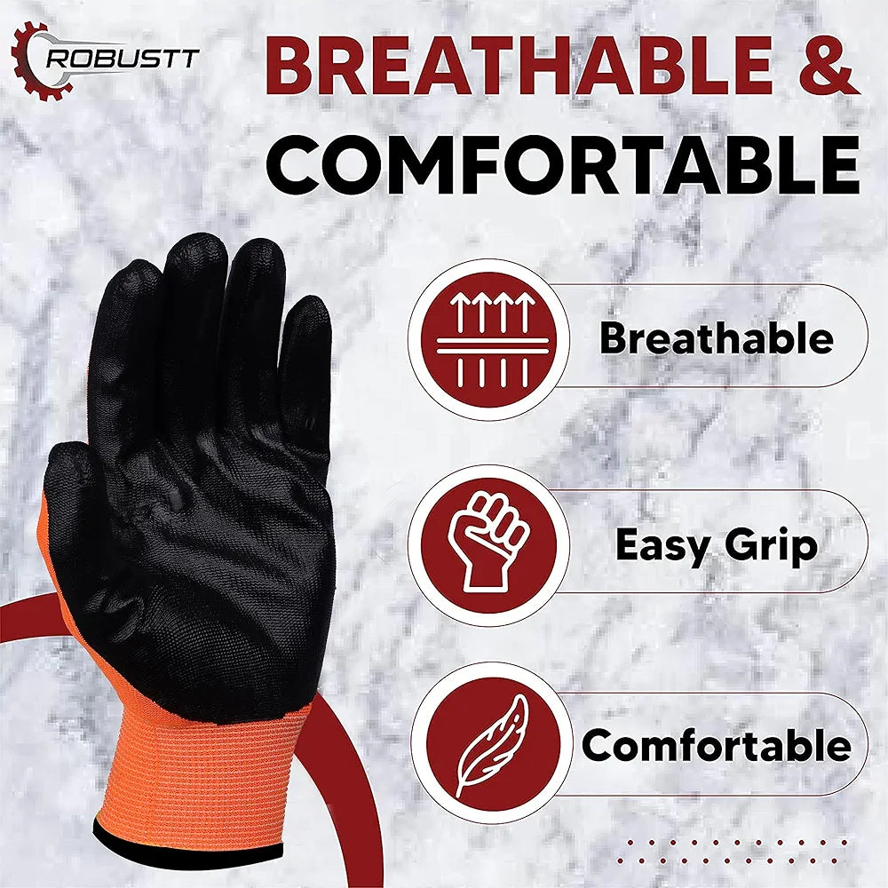 Robustt Nylon Nitrile Half Coated  Industrial Safety Hand Gloves  Anti-Cut | Cut Resistant | Heat Resistant | Industrial Use | for Finger and Hand Protection.