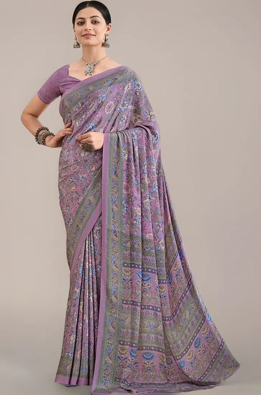 AKHILAM Women's Crepe Botanical Printed Saree With Unstitched Blouse 