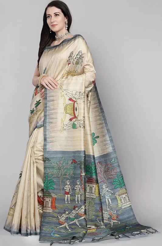 RANI SAAHIBA Women's Printed Art Tussar Silk Bhagalpuri Saree With Blouse Piece