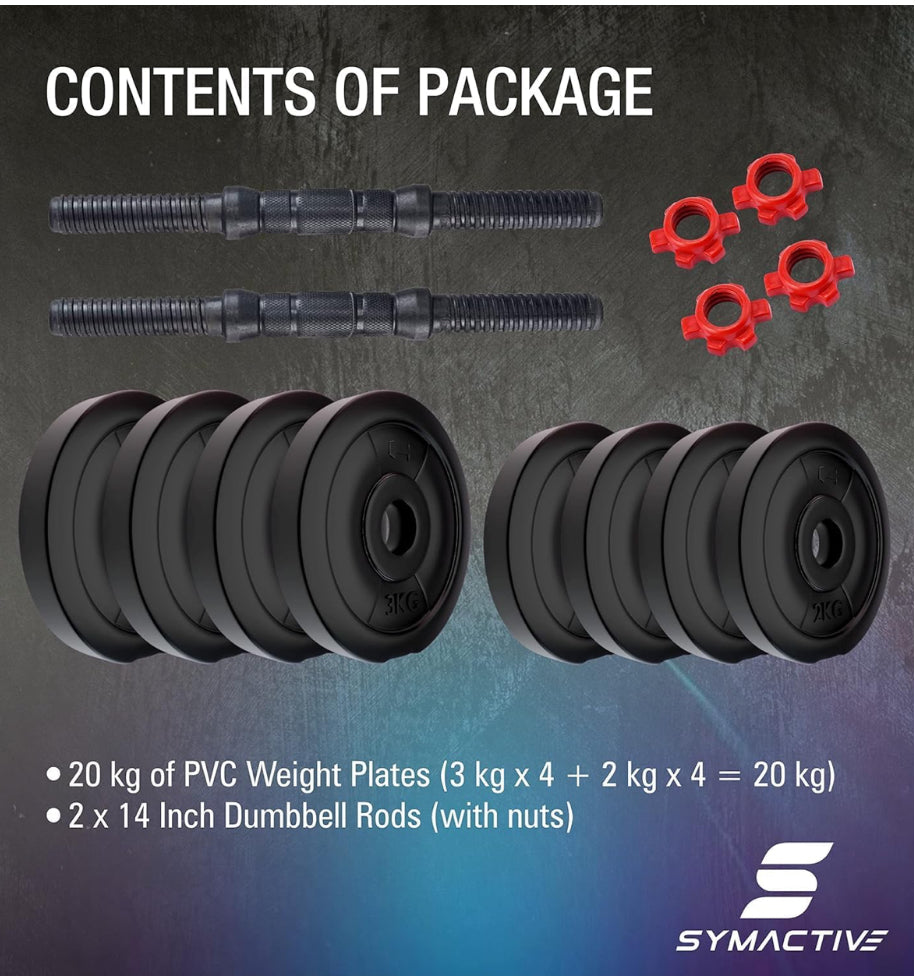 Symactive Pvc 20 Kg Adjustable Dumbbells Fitness Kit For Full Body Workout (2 Kg X 4 + 3 Kg X 4 Kg Pvc Weight, One Pair 14'' Dumbbell Rods&Nuts),Black