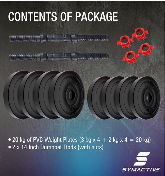 Symactive Pvc 20 Kg Adjustable Dumbbells Fitness Kit For Full Body Workout (2 Kg X 4 + 3 Kg X 4 Kg Pvc Weight, One Pair 14'' Dumbbell Rods&Nuts),Black