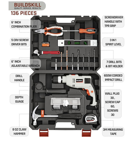 BUILDSKILL 136 Pcs 650W Copper Armature Professional Impact Drill Machine Tool Kit | 13MM Keyless Chuck | 3000 RPM Variable Speed with Forward & Reverse Function Drill Machine for Wall Drilling