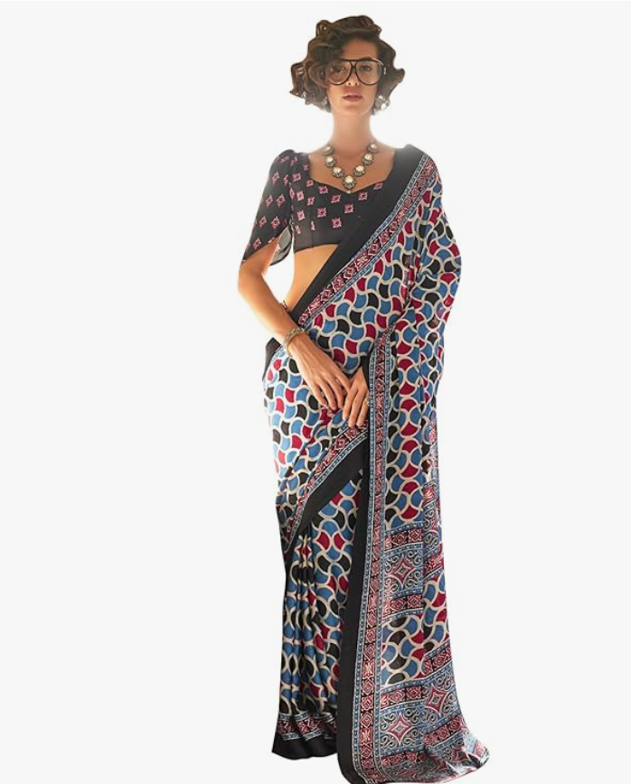 AKHILAM Women's Multicolor Crepe Ajrak Printed Saree With Unstitched Blouse Piece