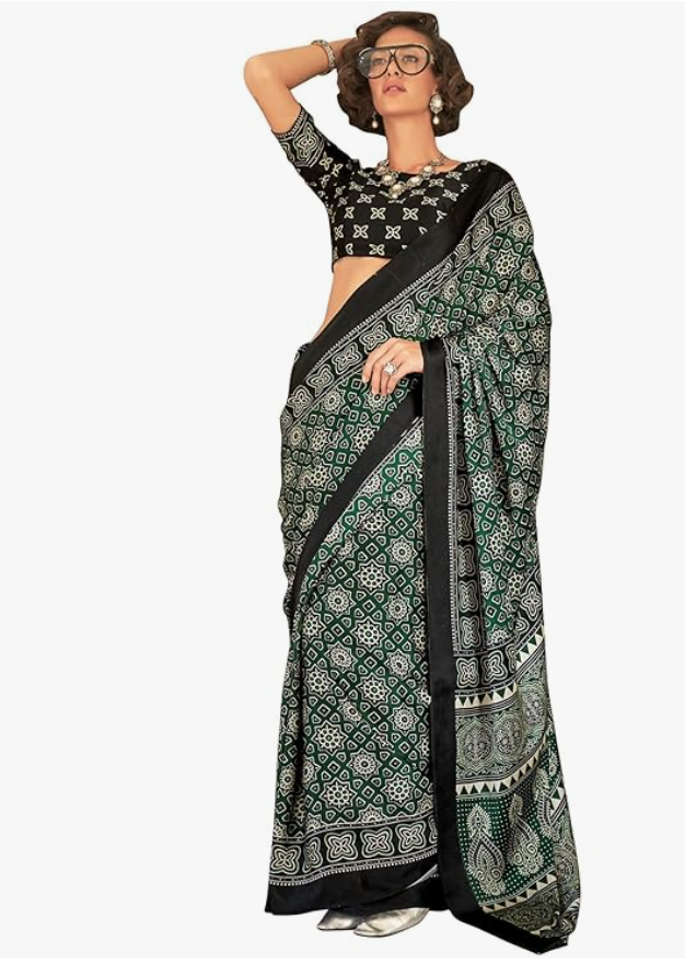 AKHILAM Women's Multicolor Crepe Ajrak Printed Saree With Unstitched Blouse Piece