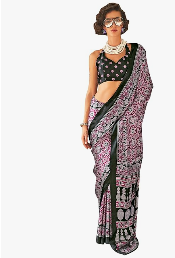 AKHILAM Women's Multicolor Crepe Ajrak Printed Saree With Unstitched Blouse Piece