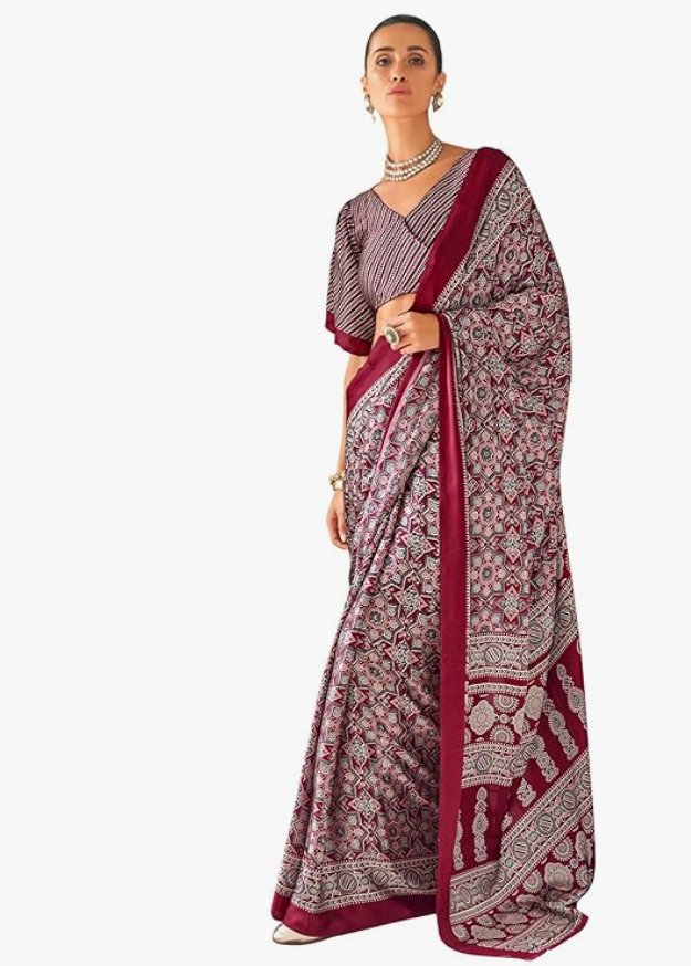 AKHILAM Women's Multicolor Crepe Ajrak Printed Saree With Unstitched Blouse Piece