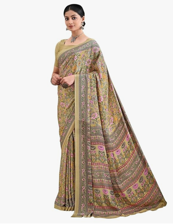 AKHILAM Women's Crepe Botanical Printed Saree With Unstitched Blouse