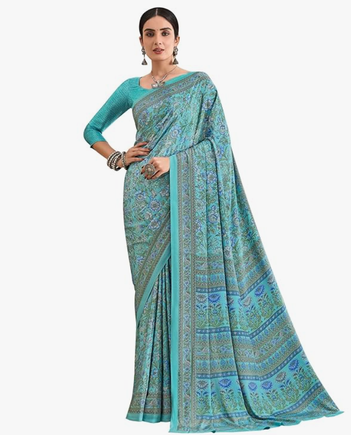 AKHILAM Women's Crepe Botanical Printed Saree With Unstitched Blouse