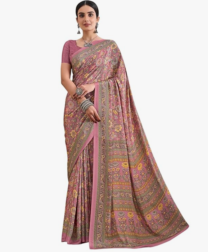 AKHILAM Women's Crepe Botanical Printed Saree With Unstitched Blouse