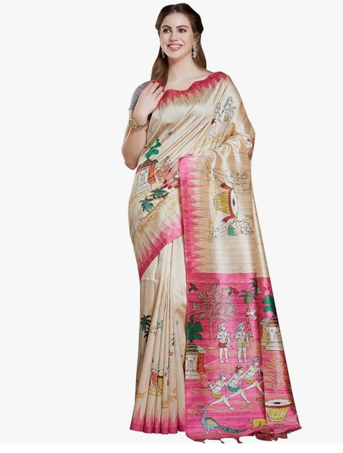 RANI SAAHIBA Women's Printed Art Tussar Silk Bhagalpuri Saree With Blouse Piece