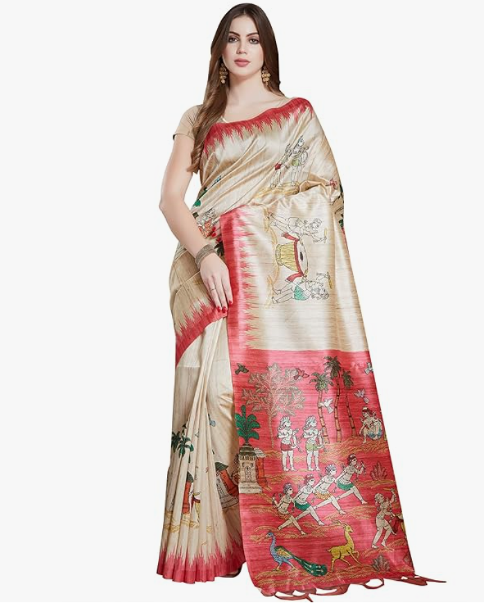 RANI SAAHIBA Women's Printed Art Tussar Silk Bhagalpuri Saree With Blouse Piece