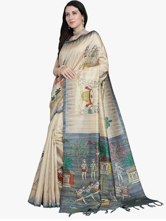 RANI SAAHIBA Women's Printed Art Tussar Silk Bhagalpuri Saree With Blouse Piece