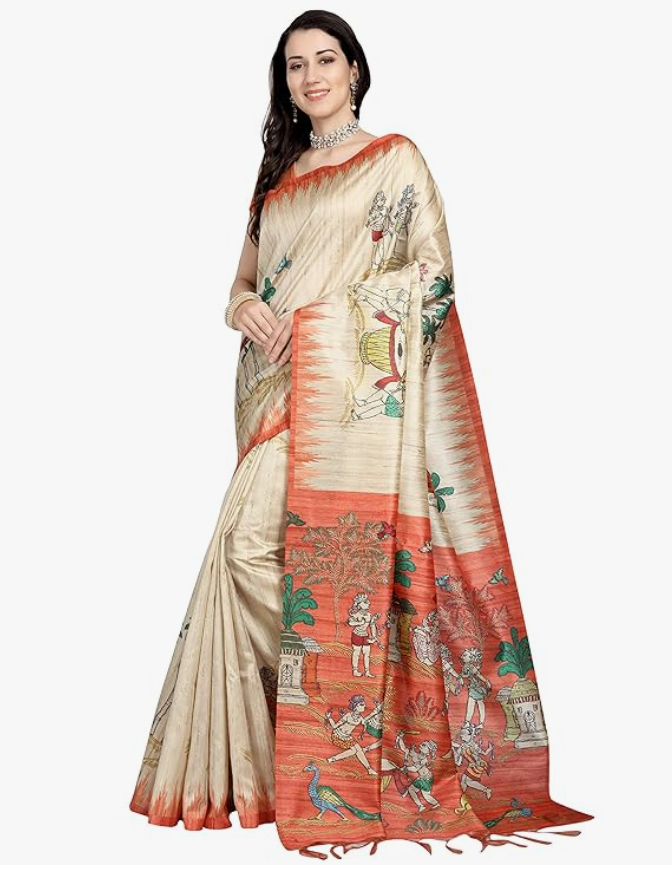 RANI SAAHIBA Women's Printed Art Tussar Silk Bhagalpuri Saree With Blouse Piece