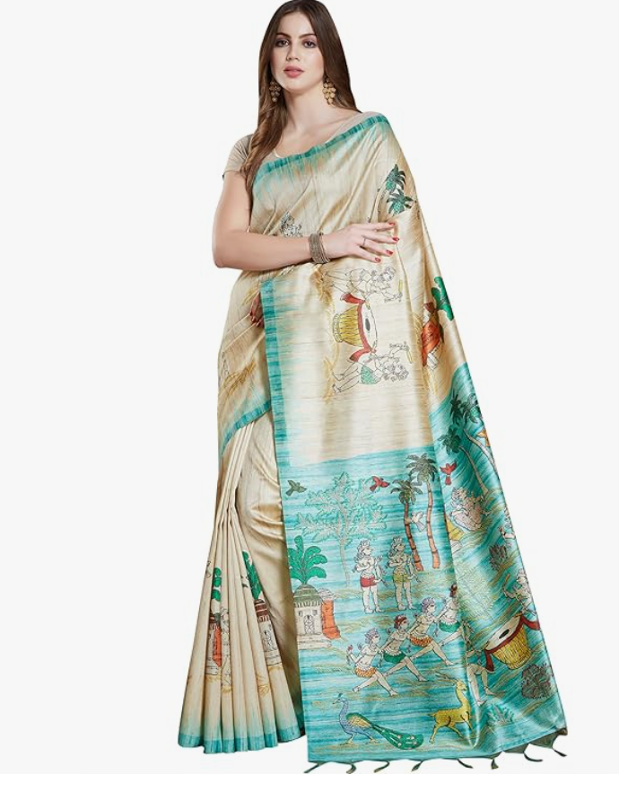 RANI SAAHIBA Women's Printed Art Tussar Silk Bhagalpuri Saree With Blouse Piece