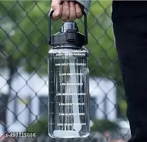 AMBIOUS Transparent Plastic Water Bottle With Motivational Time Marker,Leakproof Durable Non-Toxic Sipper Water Bottle For Office,School Gallon Bottle For Gym (2000 ml, Plastic) (BLACK)