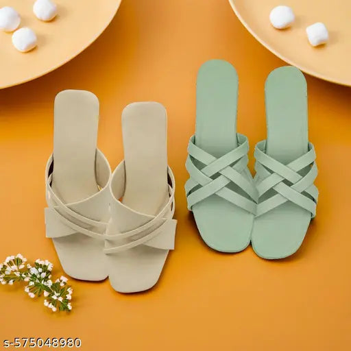 Mint Green & Beige Cross Strap Sandals – Stylish Slip-On Footwear