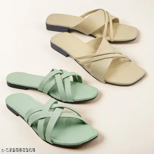 Mint Green & Beige Cross Strap Sandals – Stylish Slip-On Footwear