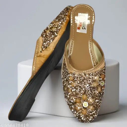 Stylish Glitter Embellished Floral Juttis for Women | Party Wear Slip-On Ethnic Flats | Fancy Wedding & Festival Footwear for Girls | Comfortable Sparkly Traditional Mojaris