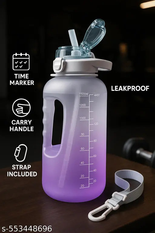 Stylish designer Motivational 1.5 litre Water Bottle, Fitness Sports Water Bottle with Time Marker, Sipper Bottle for Adults, Yoga, Camping, Water Jug Gallon for Boys, Girls (1 Piece,Multicolor)