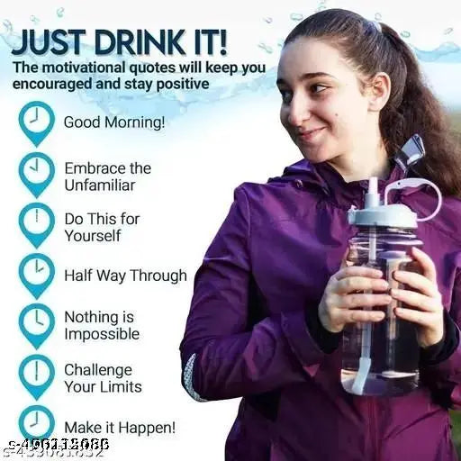 AMBIOUS Transparent Plastic Water Bottle With Motivational Time Marker,Leakproof Durable Non-Toxic Sipper Water Bottle For Office,School Gallon Bottle For Gym (2000 ml, Plastic) (BLACK)
