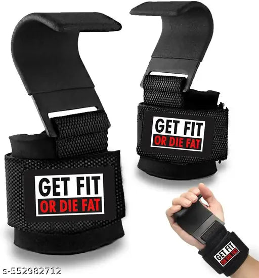 GET FIT OR DIE FAT Weight Lifting Hooks, Non-Slip Rubber Coated Grips, 7mm Neoprene Wrist Support Padding, Power lifting Barbell Rows Dead lifts Chin Pull Up Fitness Strength Training Straps Gym Bodybuilding Workout