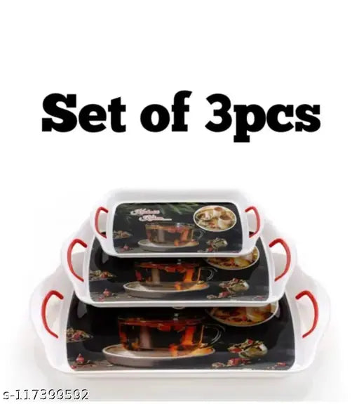 Serving Tray Set with Rectangular Shape, Printed Design, Natural, Pack of 3 Tray Set - Large, Medium, Small