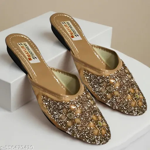 Stylish Glitter Embellished Floral Juttis for Women | Party Wear Slip-On Ethnic Flats | Fancy Wedding & Festival Footwear for Girls | Comfortable Sparkly Traditional Mojaris