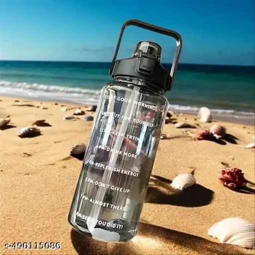 AMBIOUS Transparent Plastic Water Bottle With Motivational Time Marker,Leakproof Durable Non-Toxic Sipper Water Bottle For Office,School Gallon Bottle For Gym (2000 ml, Plastic) (BLACK)