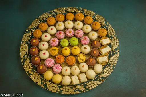 Premium 56 Bhog Thali for Pooja | Traditional Indian Festival Bhog Platter | Decorative Golden Thali with Sweets & Dry Fruits | Peacock Design Puja Thali for Diwali, Janmashtami, and Special Occasions