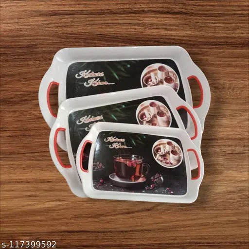 Serving Tray Set with Rectangular Shape, Printed Design, Natural, Pack of 3 Tray Set - Large, Medium, Small