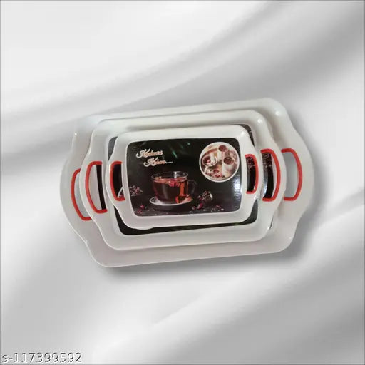 Serving Tray Set with Rectangular Shape, Printed Design, Natural, Pack of 3 Tray Set - Large, Medium, Small