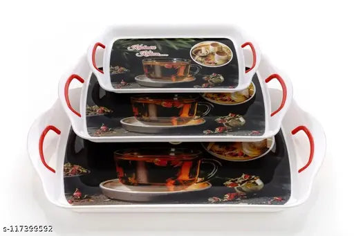 Serving Tray Set with Rectangular Shape, Printed Design, Natural, Pack of 3 Tray Set - Large, Medium, Small